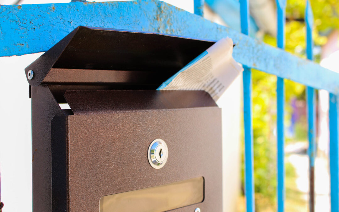 Image of brown mailbox with key lock sitting on a white wall with a blue painted metal fence behind it - residential home in Sydney.